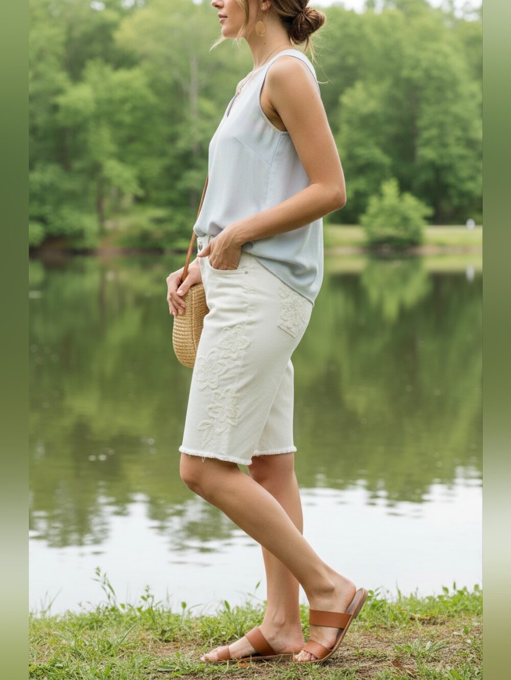 Risen Floral Embroidered Relaxed Fit Bermuda Baggy Jorts Long Cream Denim Shorts - Picture 11 of 13